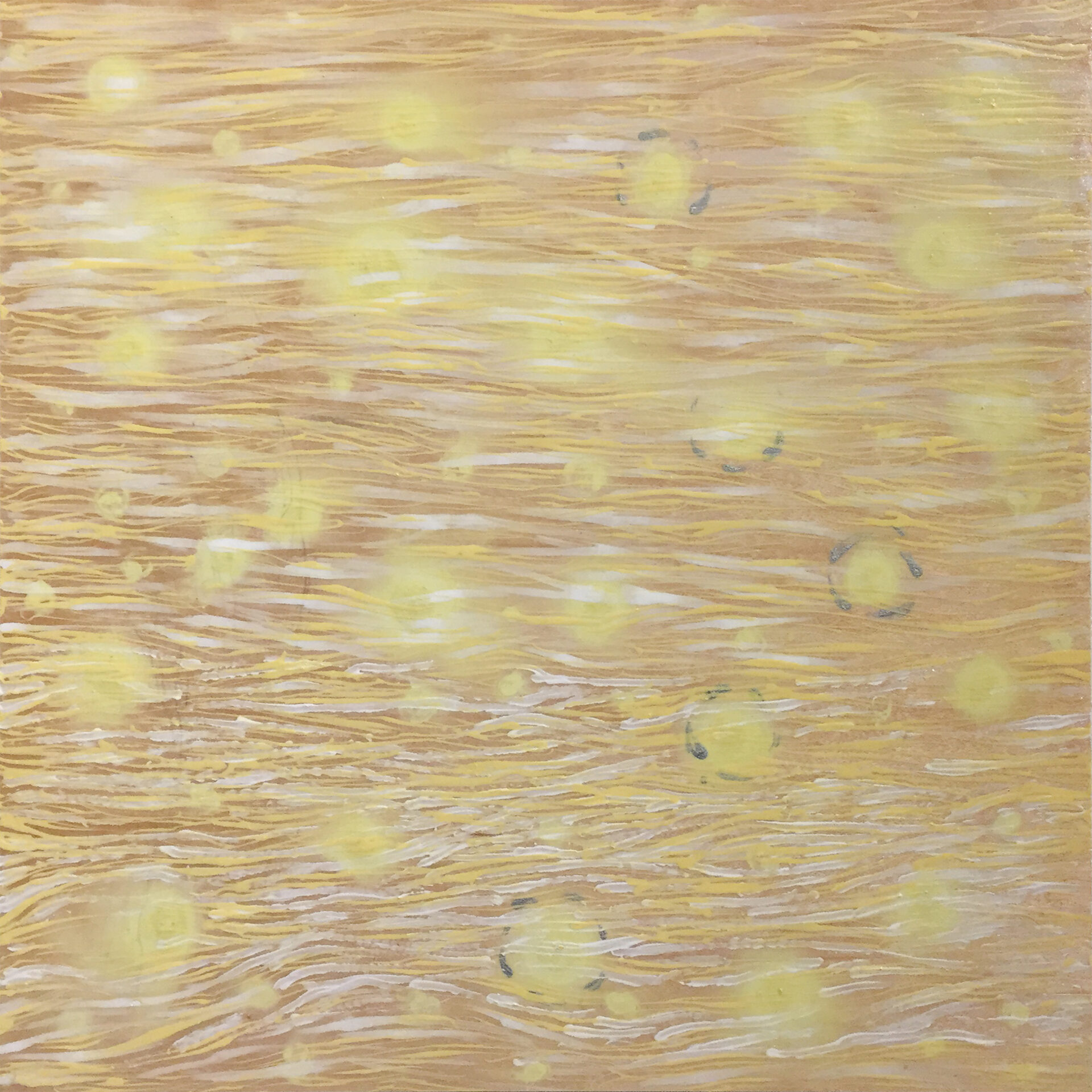 Brown painting with flowing lines and yellow circles