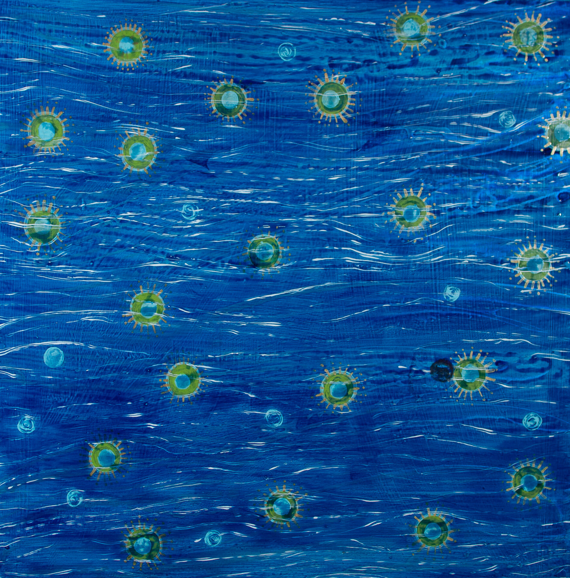 Painting with a blue background, white lines, and green circles